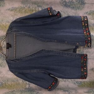 Agape denim button up boho shirt jacket short sleeve multi colored trim sz xl